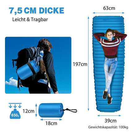 Matelas de camping gonflable - Imperméable, 197 x 63 x 7 cm