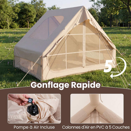 Tente de camping gonflable, 4 personnes, pompe incluse, imperméable, avec puits de lumière