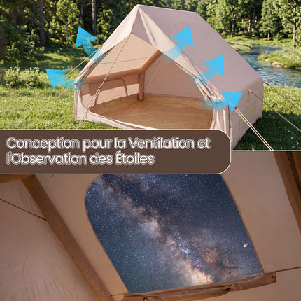 Tente de camping gonflable, 4 personnes, pompe incluse, imperméable, avec puits de lumière