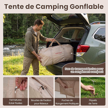 Tente de camping gonflable, 4 personnes, pompe incluse, imperméable, avec puits de lumière