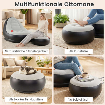 Aufblasbarer Sessel mit Hocker, Velours-Oberfläche, Getränkehalter