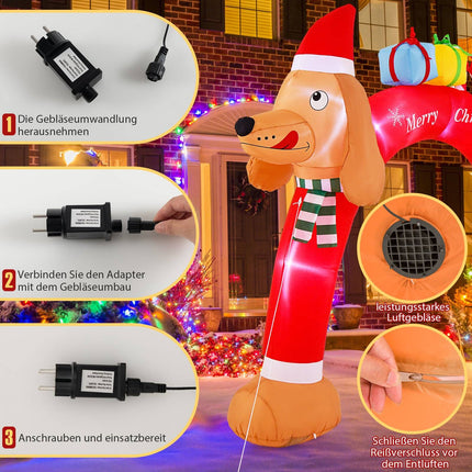 Arche gonflable de Noël en forme de teckel avec LED, 242 cm