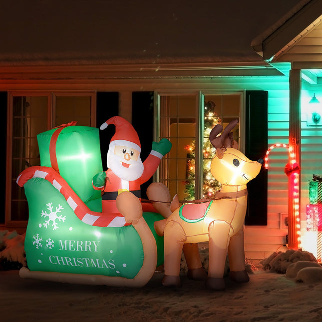 Aufblasbarer 2,1 m Weihnachtsmann mit Schlitten und Rentier - LED An