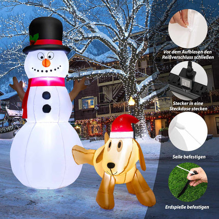 Bonhomme de neige gonflable de Noël avec chien, 180 cm, lumières LED
