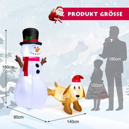 Bonhomme de neige gonflable de Noël avec chien, 180 cm, lumières LED