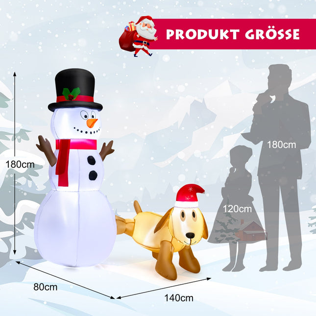 Aufblasbarer Weihnachts-Schneemann mit Hund, 180 cm, LED-Beleuchtung