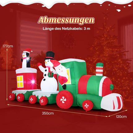 Train de Noël gonflable avec le Père Noël, un bonhomme de neige et un pingouin