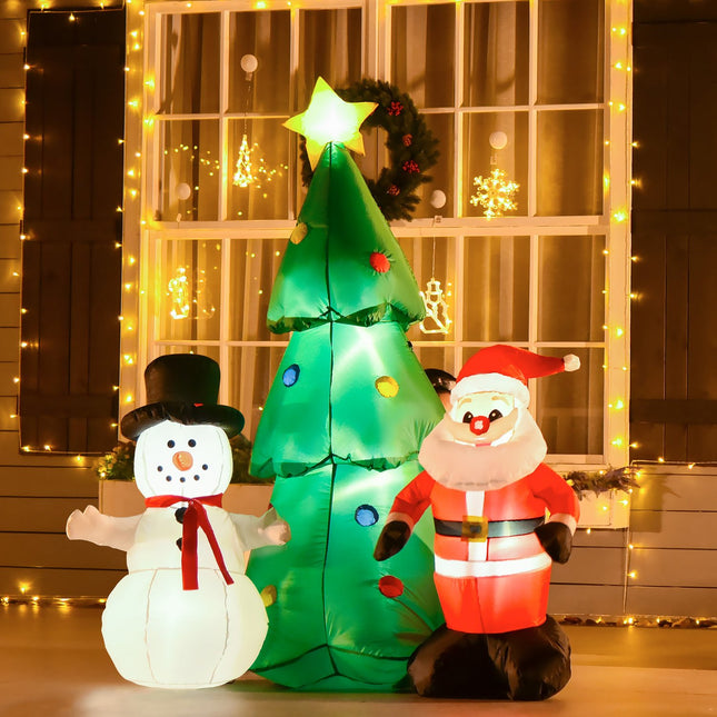 Sapin De Noël Gonflable Led Décoration De Noël Avec Bonhomme De Neige 185 Cm Autogonflant Polyester Blanc 105 X 145 X 185 Cm