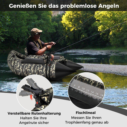 Canot gonflable avec palmes, règle à poisson et porte-canne, bateau de pêche, Camouflage