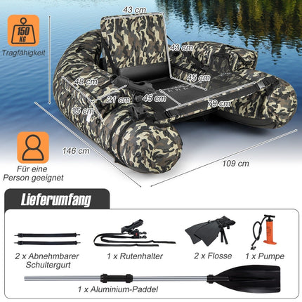 Canot gonflable avec règle à poisson, porte-canne et bateau de pêche à pagaie, camouflage