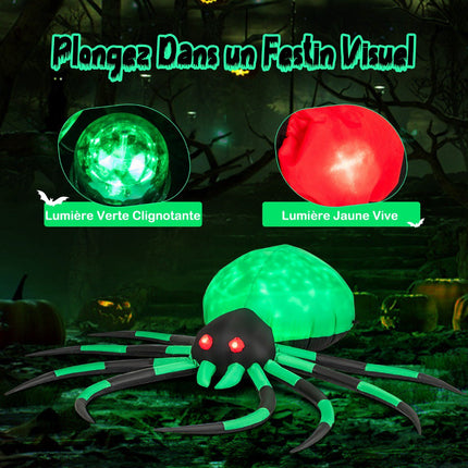 Araignée gonflable d'Halloween, lumières LED rotatives, 200 cm