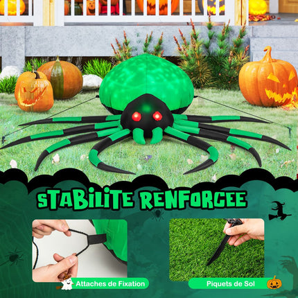 Araignée gonflable d'Halloween, lumières LED rotatives, 200 cm