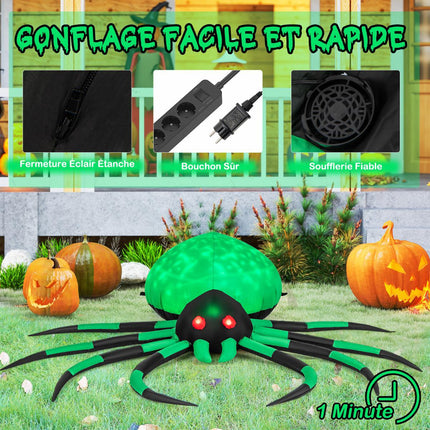 Araignée gonflable d'Halloween, lumières LED rotatives, 200 cm