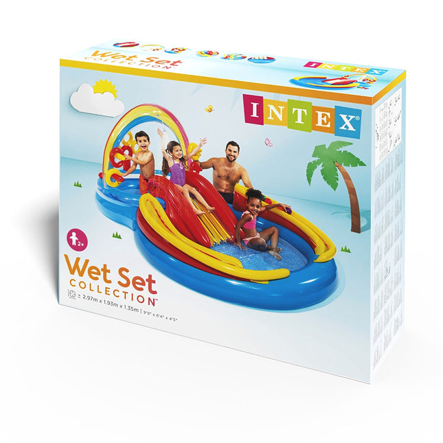 Aire de jeux aquatiques gonflable arc-en-ciel avec toboggan et fontaine