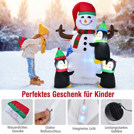 Aufblasbarer Schneemann mit Pinguinen, LED-Beleuchtung, 180 cm