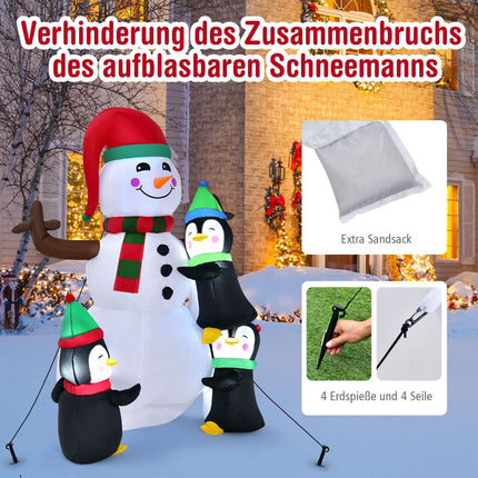 Aufblasbarer Schneemann mit Pinguinen, LED-Beleuchtung, 180 cm