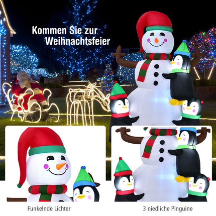 Aufblasbarer Schneemann mit Pinguinen, LED-Beleuchtung, 180 cm