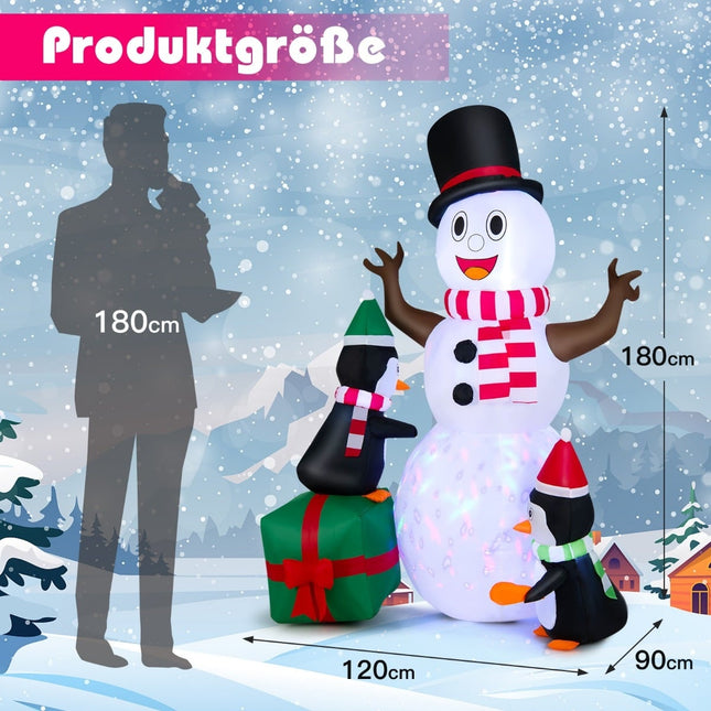 Aufblasbarer Schneemann mit Pinguinen, LED-Beleuchtung, 180 cm