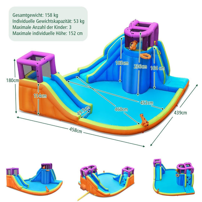 Parc aquatique gonflable avec toboggan, mur d'escalade et arroseurs