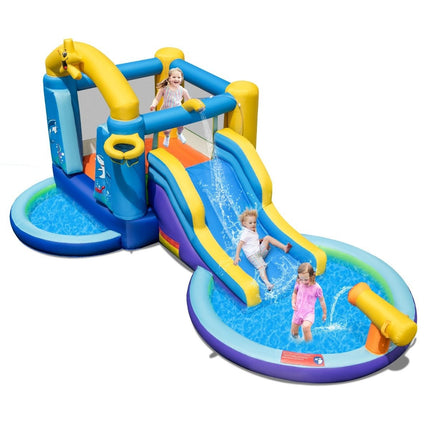 Aufblasbarer Wasserrutschenpark mit 2 Pools &amp; 680-W-Gebläse &amp; Wasserkanone Blau