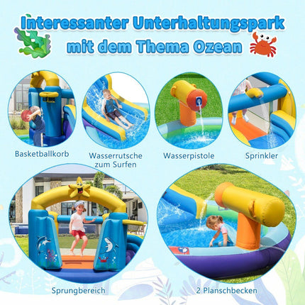 Aufblasbarer Wasserrutschenpark mit 2 Pools &amp; 680-W-Gebläse &amp; Wasserkanone Blau