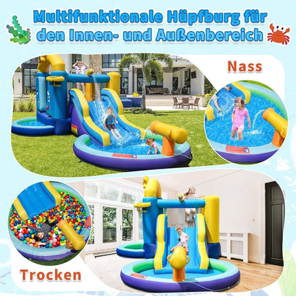 Aufblasbarer Wasserrutschenpark mit 2 Pools &amp; 680-W-Gebläse &amp; Wasserkanone Blau