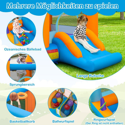 Château gonflable gonflable pour enfants avec piscine à balles, toboggan et jeu de lancer d'anneaux. Comprend un souffleur de 735 W.