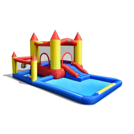 Château gonflable gonflable avec souffleur, toboggan, piscine à balles, anneau de basket et pataugeoire