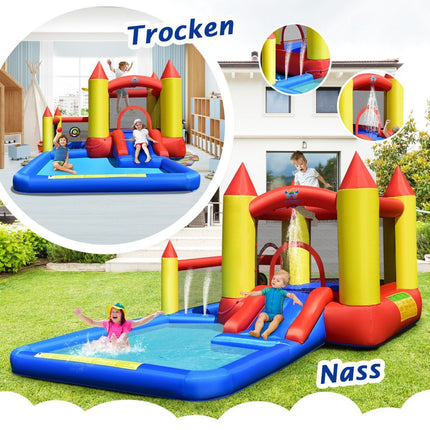 Château gonflable gonflable avec souffleur, toboggan, piscine à balles, anneau de basket et pataugeoire