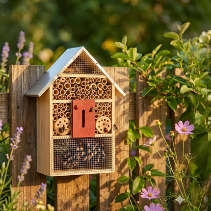 Hôtel à insectes avec toit en métal, abri résistant aux intempéries pour abeilles et papillons