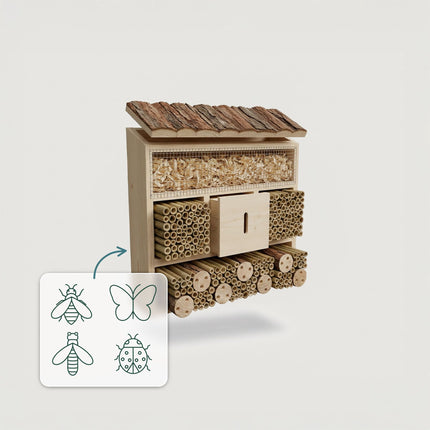 Hôtel à insectes, abri en bois pour papillons et abeilles