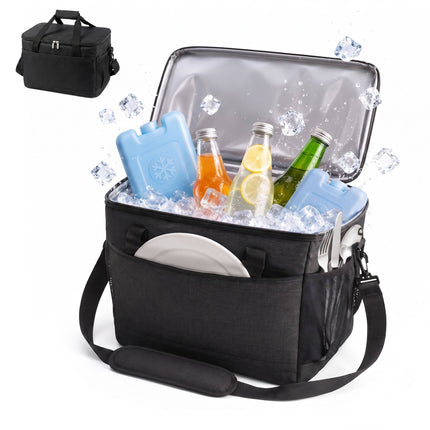 Insulated Cool Bag with Shoulder Strap and Two Handles, Leak-Proof, Black
