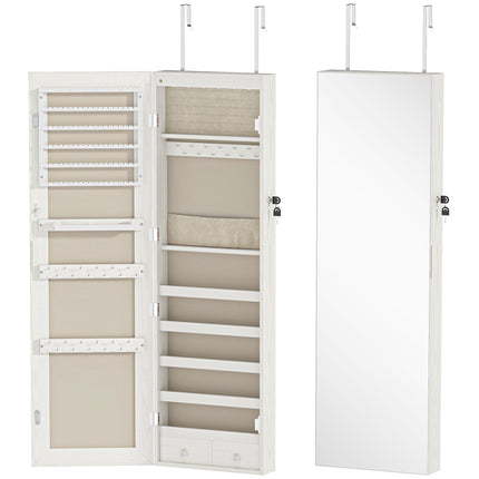 Jewellery Cabinet with LED Light and Full-Length Mirror, Lockable, White