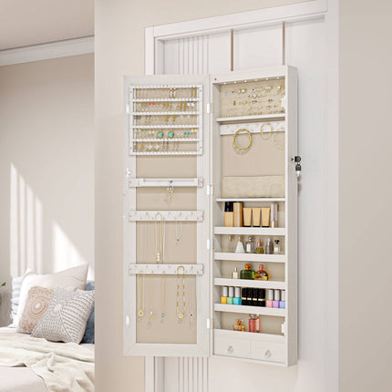 Jewellery Cabinet with LED Light and Full-Length Mirror, Lockable, White