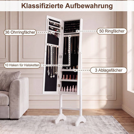 Schmuckschrank mit Spiegel, Samtfutter, Weiß
