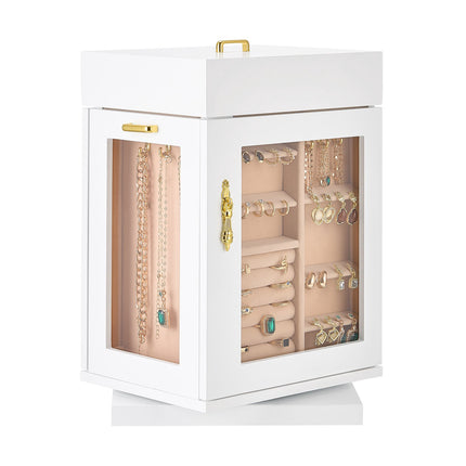 Jewelry Box Organizer – 360 Rotating, Magnetic Door, White