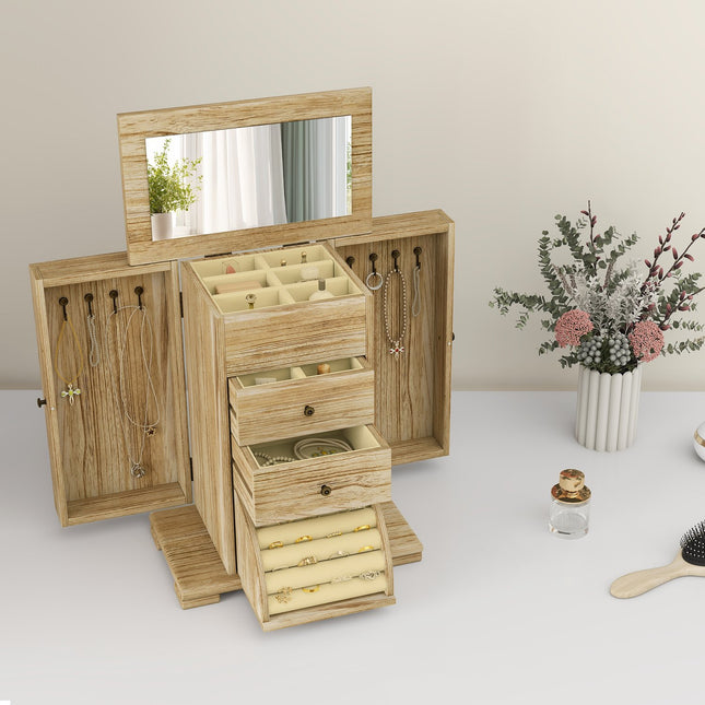 Coffret à bijoux avec miroir, 4 niveaux, bois de paulownia brun