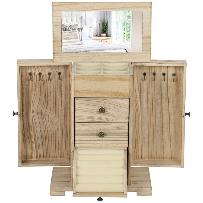 Coffret à bijoux avec miroir, 4 niveaux, bois de paulownia brun