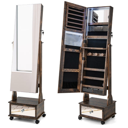 Schmuckschrank mit 3 Spiegeln &amp; Schublade &amp; Rädern &amp; Lichtern Schmuckspiegel Rustikales Braun