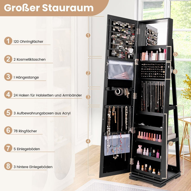 Armoire à bijoux avec miroir pleine longueur, noire, verrouillable
