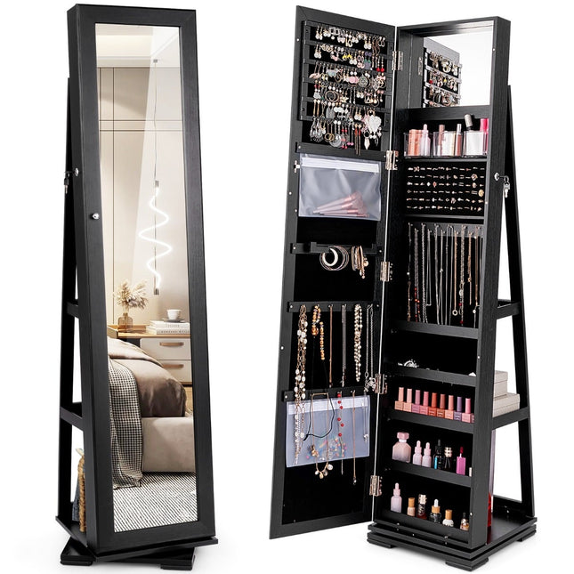 Armoire à bijoux avec miroir pleine longueur, noire, verrouillable