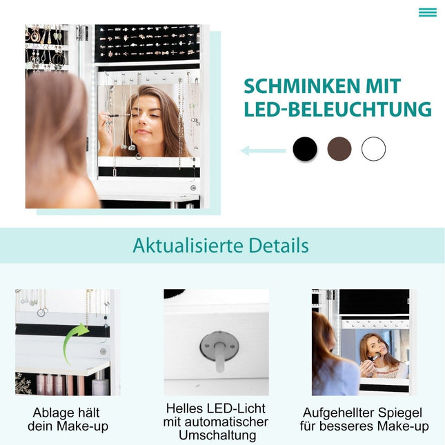 Armoire à bijoux avec LED, miroir pleine longueur, blanc