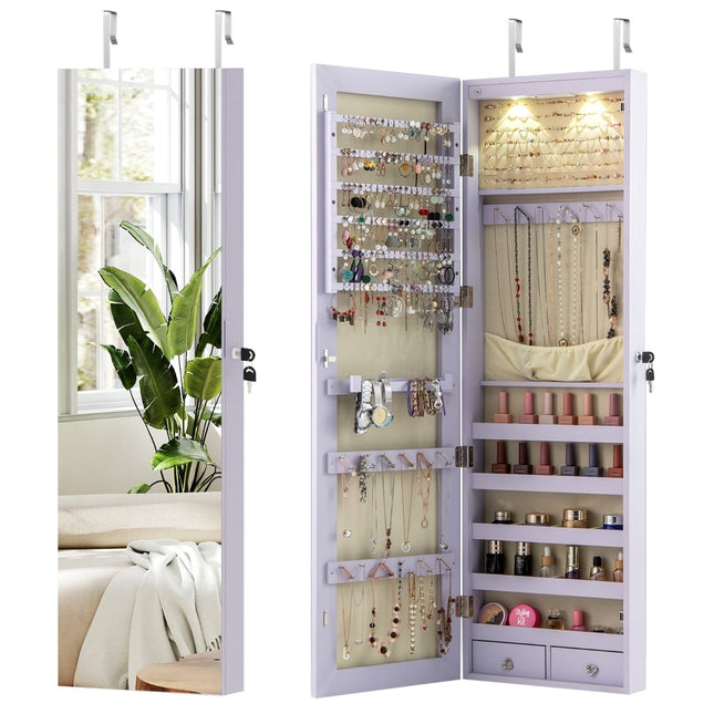 Armoire à bijoux avec éclairage LED, miroir, verrouillable, violette