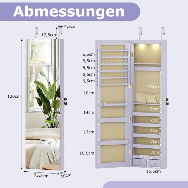 Armoire à bijoux avec éclairage LED, miroir, verrouillable, violette