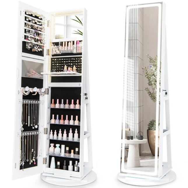 Armoire à bijoux avec miroir LED, pivotante à 360°, blanche