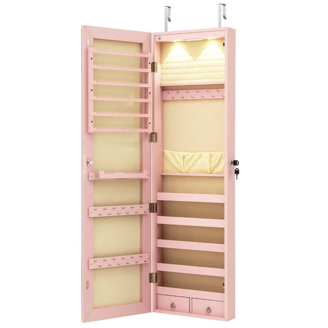 Armoire à bijoux avec miroir, éclairage LED, verrouillable, rose