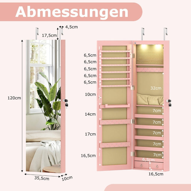 Armoire à bijoux avec miroir, éclairage LED, verrouillable, rose