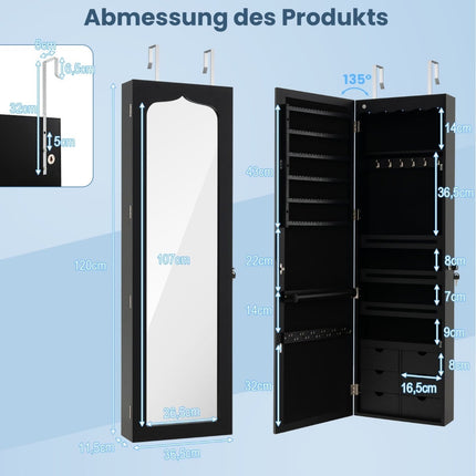 Armoire à bijoux avec miroir et éclairage LED, verrouillable, noire