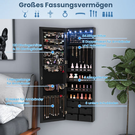 Armoire à bijoux avec miroir et éclairage LED, verrouillable, noire