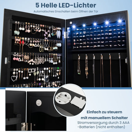 Armoire à bijoux avec miroir et éclairage LED, verrouillable, noire
